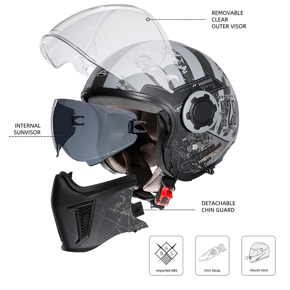 Premium Modular Motorcycle Helmet – Full Face & Open Face, Dual Lens, DOT ECE Approved, ABS Shell for Men & Women, Retro Style, Tool-Free Setup for Easy Customization