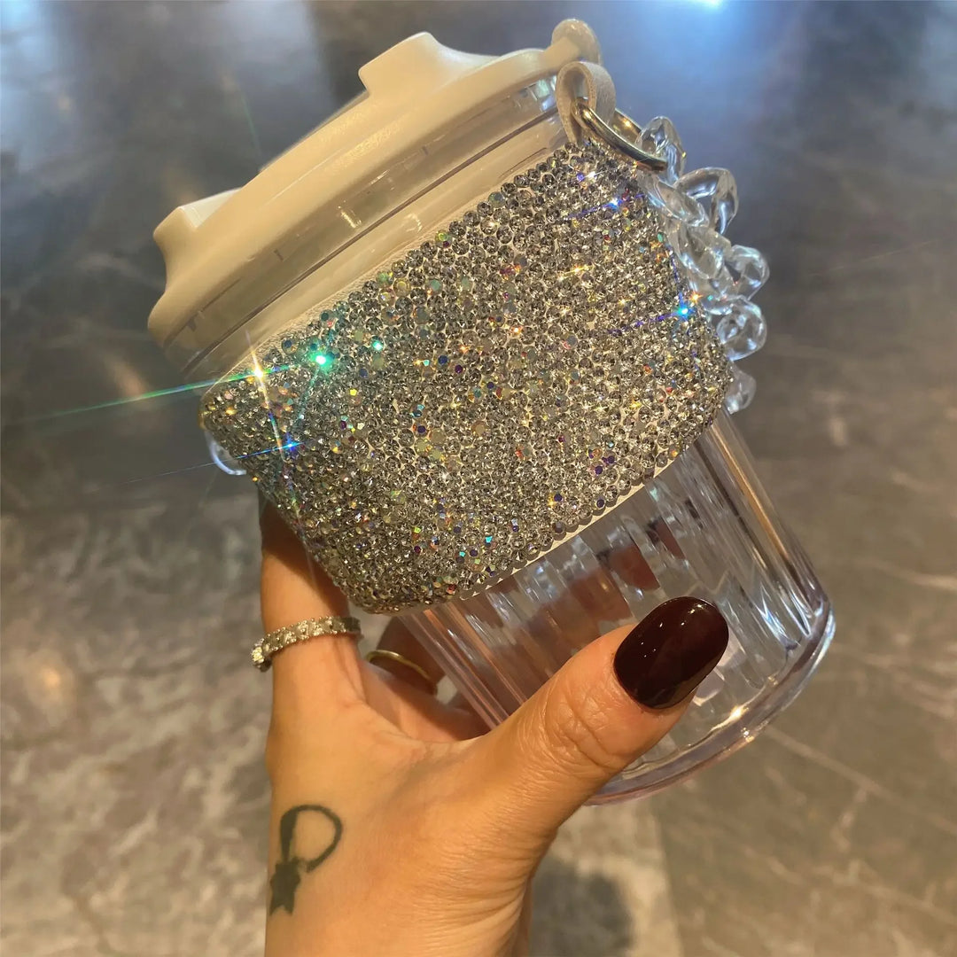 Premium Large Capacity Rhinestone-Encrusted Portable Water Cup – Luxury Direct Drink Coffee Cup with Elegant Chain – Stylish 