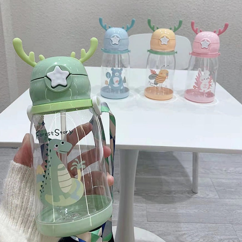 Premium Kids Antler Straw Water Bottle – Large Capacity, High-Quality Plastic, Leak-Proof Design, Cute Deer-Inspired Look, 