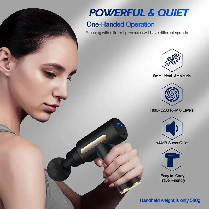 High-Quality Portable Massage Gun, 6-Speed Deep Tissue Percussion Massager with 4 Replaceable Heads, Rechargeable USB-Powered