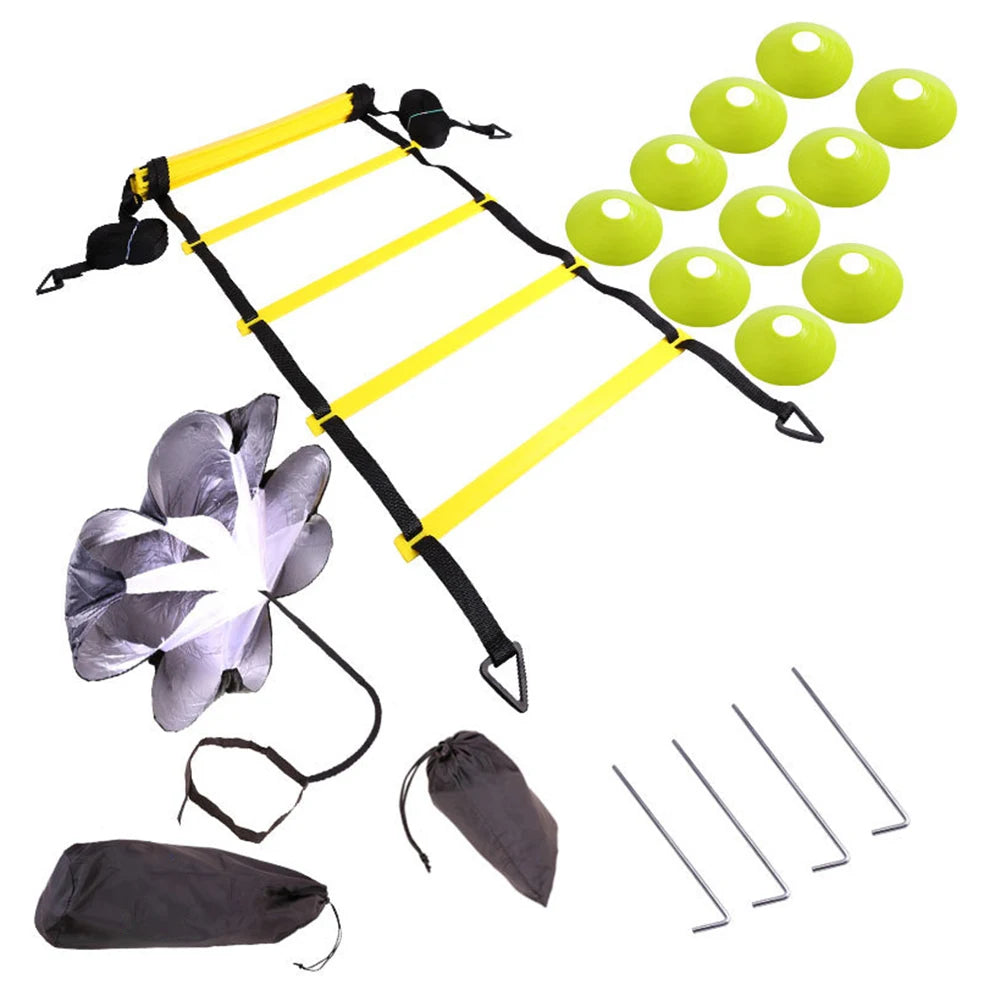 Premium Agility Training Kit for Football & Soccer – Speed Ladder, Balance Disc Cones, Chute Running Umbrella, Stakes &