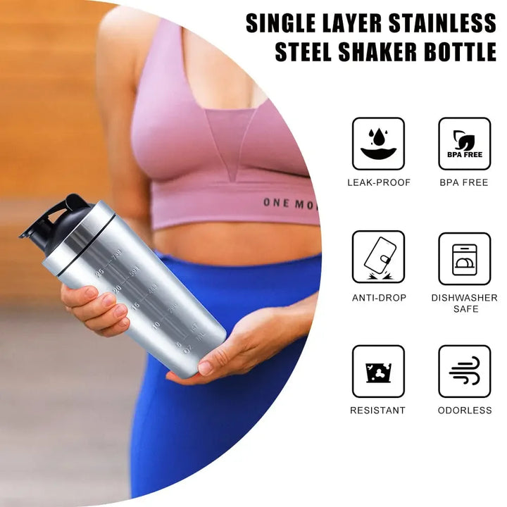 Premium Stainless Steel Protein Powder Shaker Bottle – 500ML/750ML Leak-Proof Gym Fitness Cup – Steel Ball for Smooth Mixing 