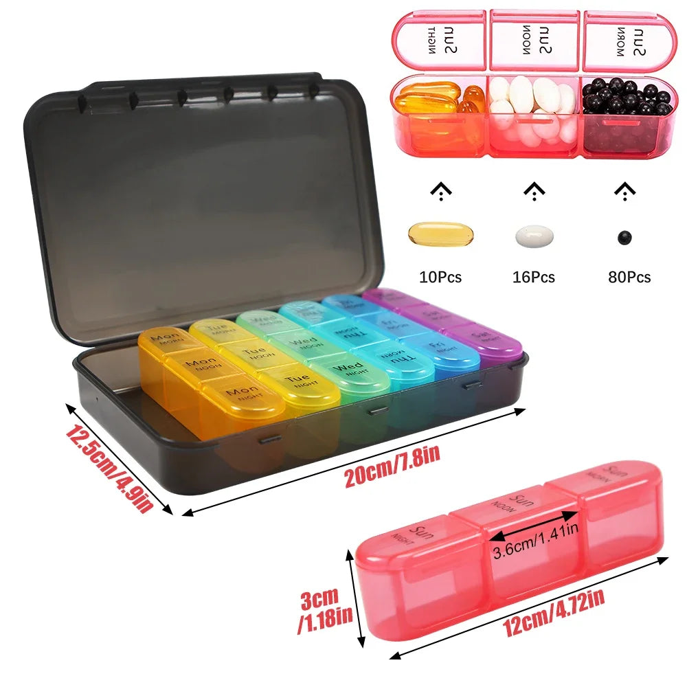 Premium Weekly Pill Organizer – 3 Times a Day, 7-Day Pill Box, 21 Grids for Medicine, Vitamins, Supplements, Travel-Friendly,