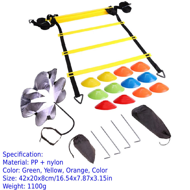 Premium Agility Training Kit for Football & Soccer – Speed Ladder, Balance Disc Cones, Chute Running Umbrella, Stakes &