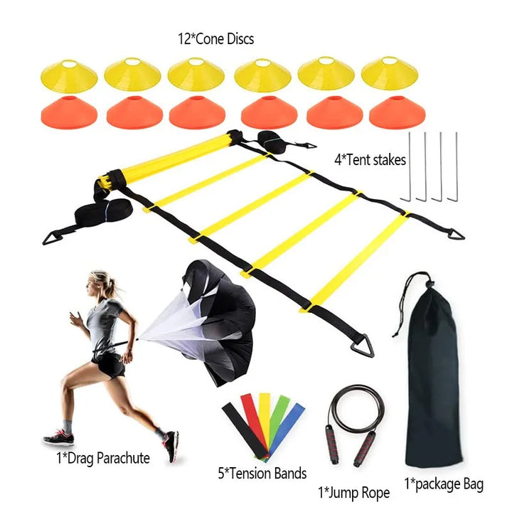 Premium Agility Training Kit for Football & Soccer – Speed Ladder, Balance Disc Cones, Chute Running Umbrella, Stakes &