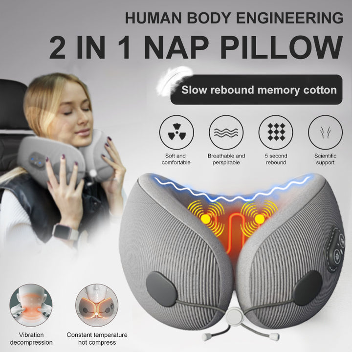 Premium U-Shaped Travel Pillow – Heated Massage Memory Foam Neck Pillow for Airplanes, Ergonomic Design for Pain Relief