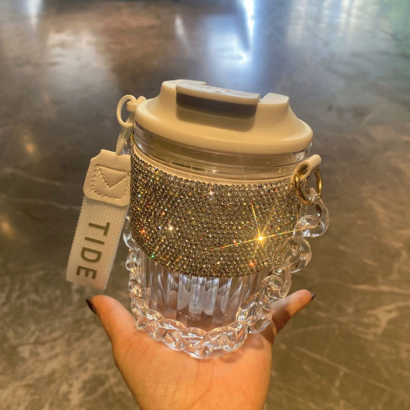 Premium Large Capacity Rhinestone-Encrusted Portable Water Cup – Luxury Direct Drink Coffee Cup with Elegant Chain – Stylish 