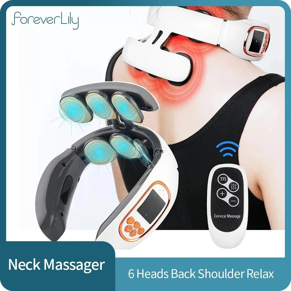 Premium 6-Head Smart Electric Neck and Back Pulse Massager - TENS Wireless Heat Therapy, Cervical Vertebra Pain Relief &