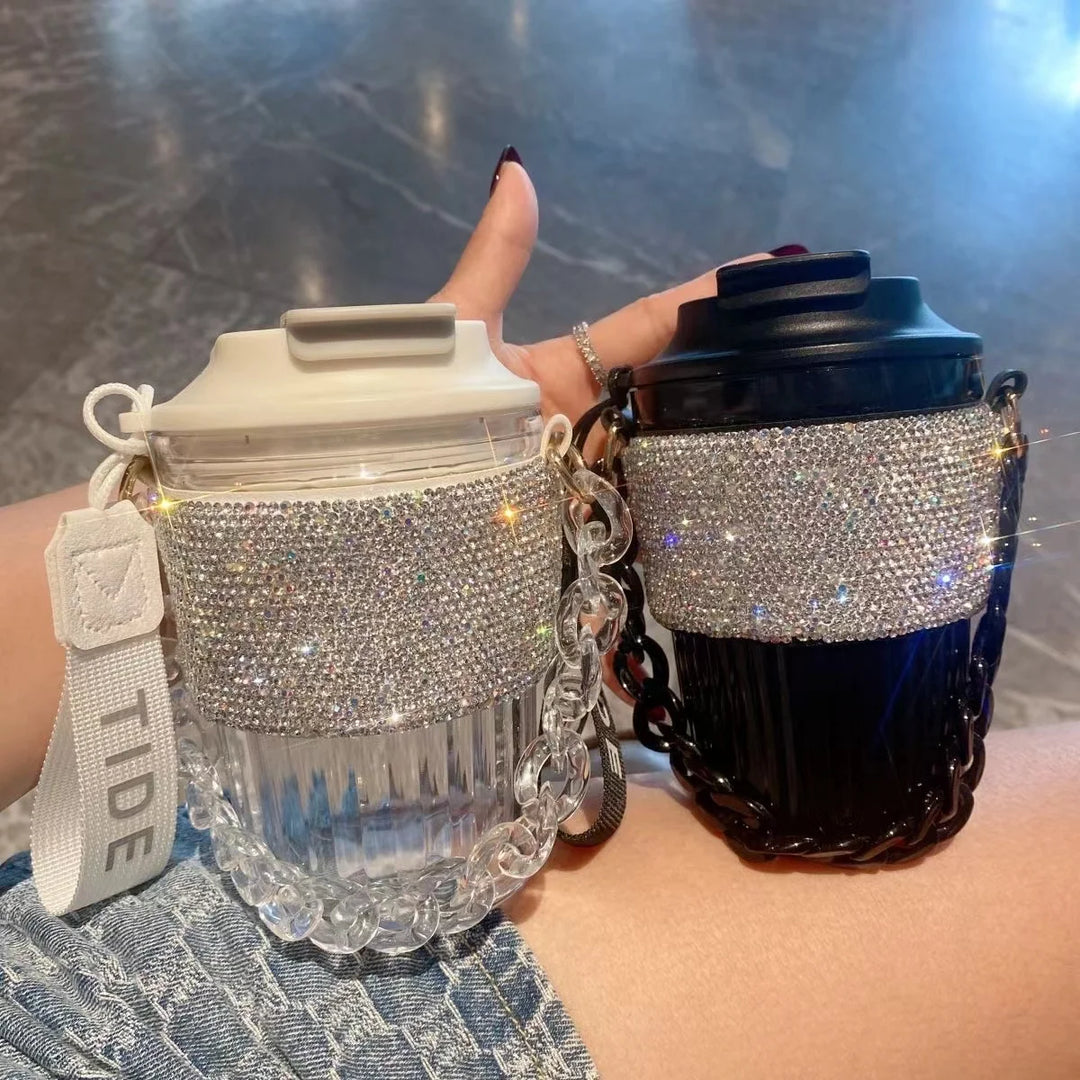 Premium Large Capacity Rhinestone-Encrusted Portable Water Cup – Luxury Direct Drink Coffee Cup with Elegant Chain – Stylish 