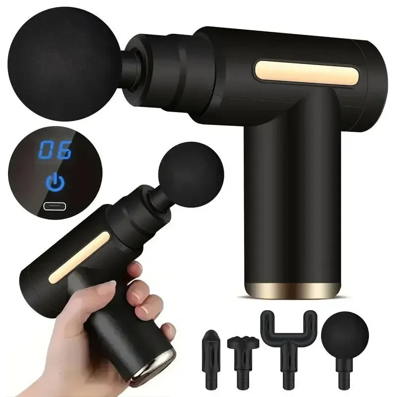 High-Quality Portable Massage Gun, 6-Speed Deep Tissue Percussion Massager with 4 Replaceable Heads, Rechargeable USB-Powered