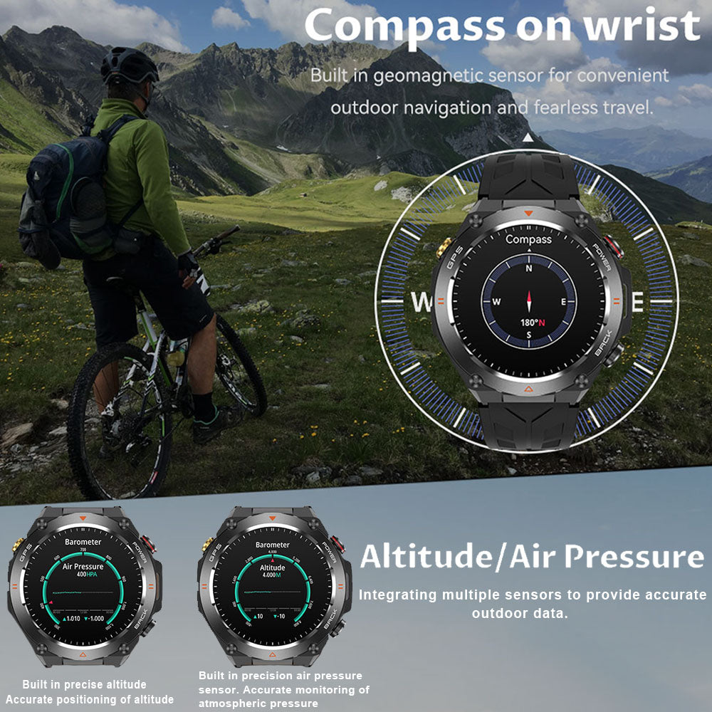 Premium Outdoor Smartwatch for Men – Waterproof 1ATM, GPS, Compass, Altitude, Barometric Pressure, Health Monitoring, 