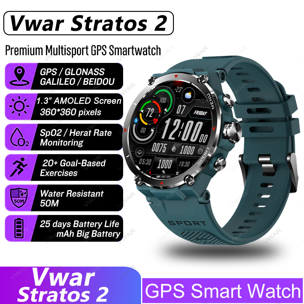 Premium GPS Smartwatch with 1.3" AMOLED Display, 24h Heart Rate & SpO2 Monitor, 5 ATM Waterproof, 25-Day Battery Life, 