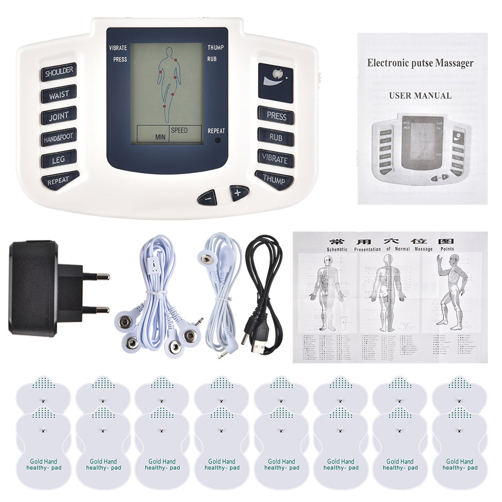 Premium EMS Unit Physiotherapy Massager Set with 16 Therapy Patches, Digital Muscle Stimulator, Relaxation Slippers, Gloves, 