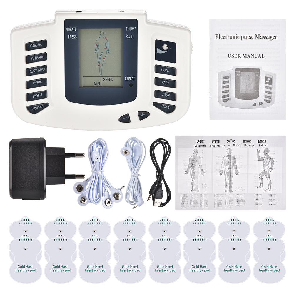 Premium EMS Unit Physiotherapy Massager Set with 16 Therapy Patches, Digital Muscle Stimulator, Relaxation Slippers, Gloves, 