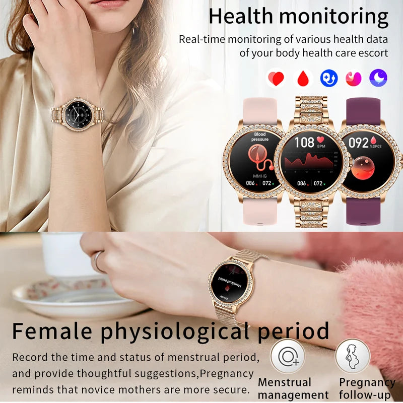 Premium Luxury Women's Smartwatch – Heart Rate, Blood Oxygen, Sleep Monitoring, Bluetooth Call, Diamond Bracelet, 1.32" HD 