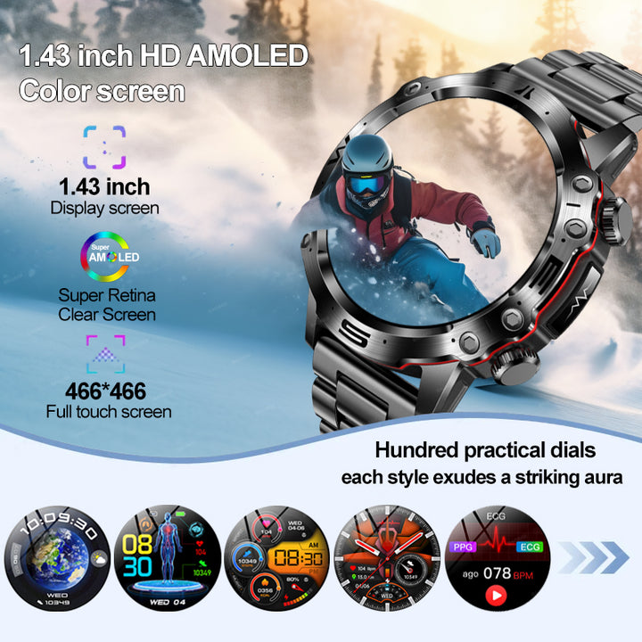 Premium Smartwatch with 1.43" AMOLED Display – Voice Calling, 100 Sports Modes, Military Grade Toughness, Waterproof, 7-Day 