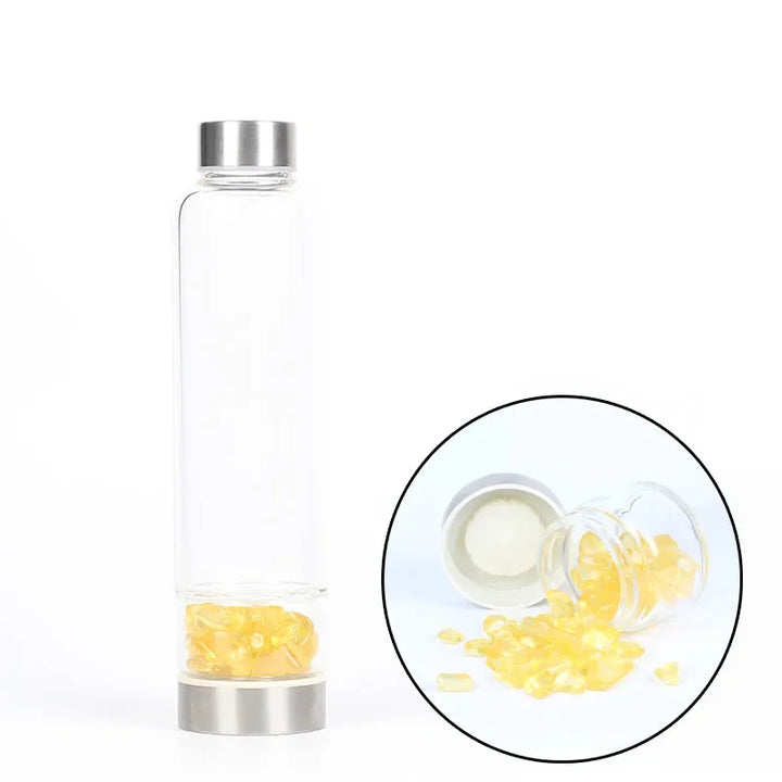 Premium Natural Quartz Crystal Glass Water Bottle – 550ML Healing Infused Elixir Cup with Irregular Stone Point Wand – High 