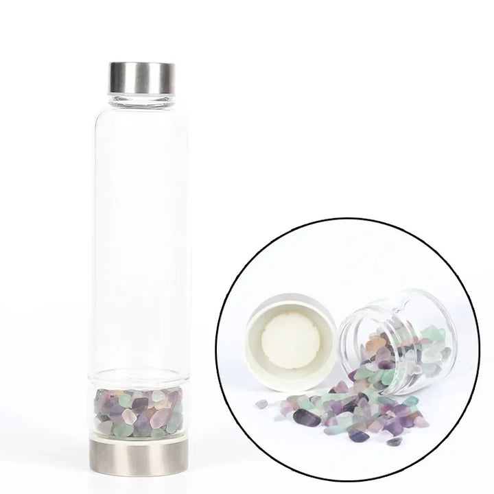 Premium Natural Quartz Crystal Glass Water Bottle – 550ML Healing Infused Elixir Cup with Irregular Stone Point Wand – High 