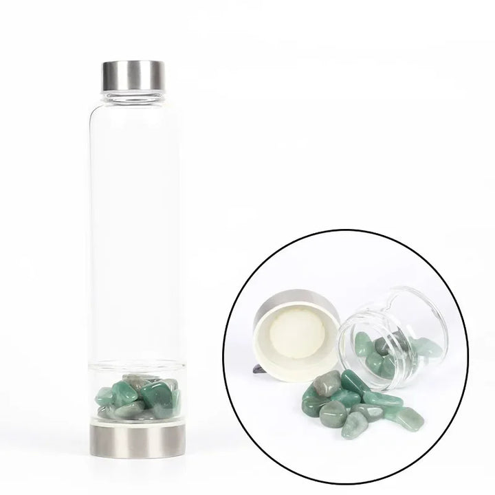 Premium Natural Quartz Crystal Glass Water Bottle – 550ML Healing Infused Elixir Cup with Irregular Stone Point Wand – High 