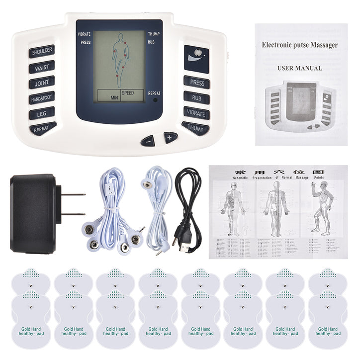 Premium EMS Unit Physiotherapy Massager Set with 16 Therapy Patches, Digital Muscle Stimulator, Relaxation Slippers, Gloves, 