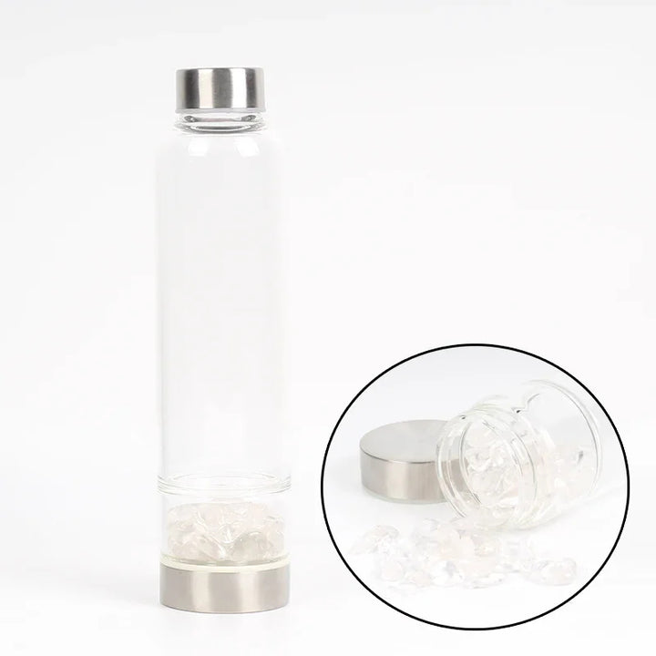 Premium Natural Quartz Crystal Glass Water Bottle – 550ML Healing Infused Elixir Cup with Irregular Stone Point Wand – High 