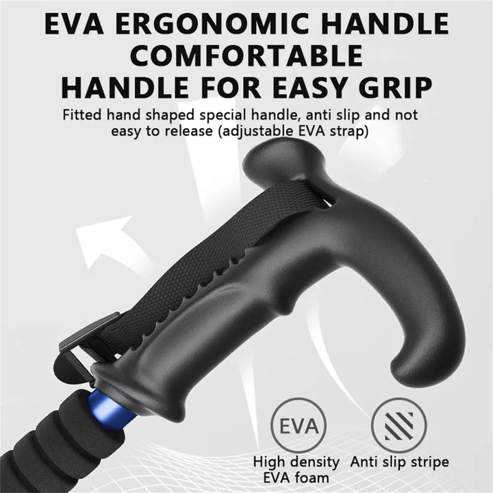 Premium Portable Folding Trekking Pole – Lightweight Alloy Shaft, Carbon Tungsten Steel Tip, Adjustable T-Handle, 4-Section 