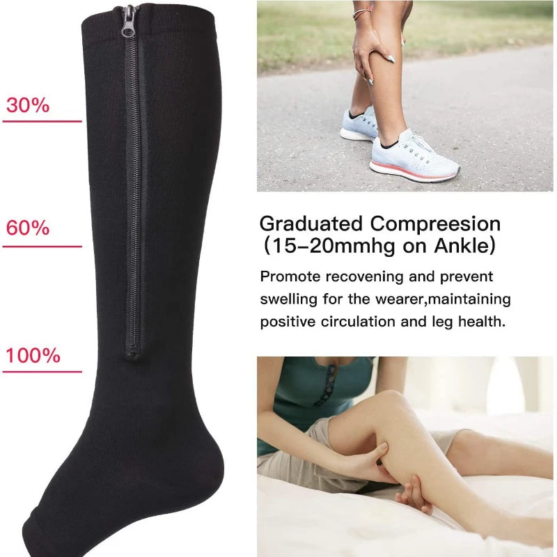 Premium Zipper Compression Socks with Open Toe – 15-20 mmHg, for Men & Women, Lightweight Support for Pregnancy, Swelling, 