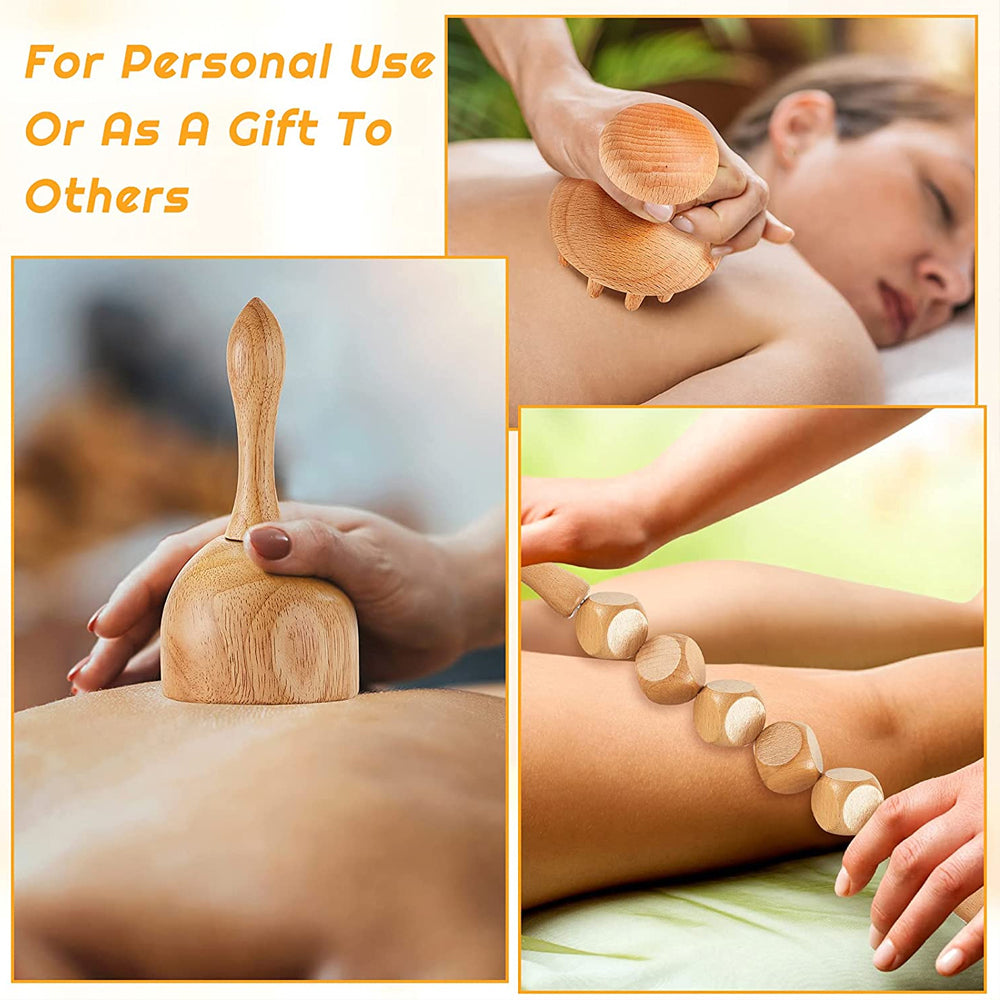 Premium 6-in-1 Wood Therapy Massage Tool Set for Lymphatic Drainage, Anti-Cellulite Fascia Massage Roller, Muscle Relaxation