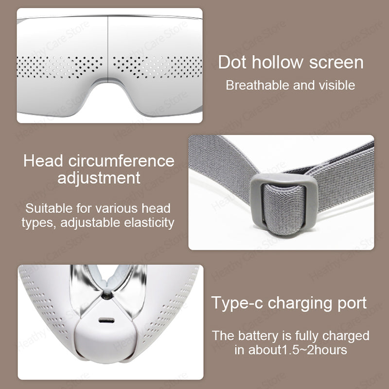 Premium Visible Eye Massager with Heat – Bluetooth Music, Air Pressure, Relaxation for Migraines, Reduce Eye Strain, Dark 