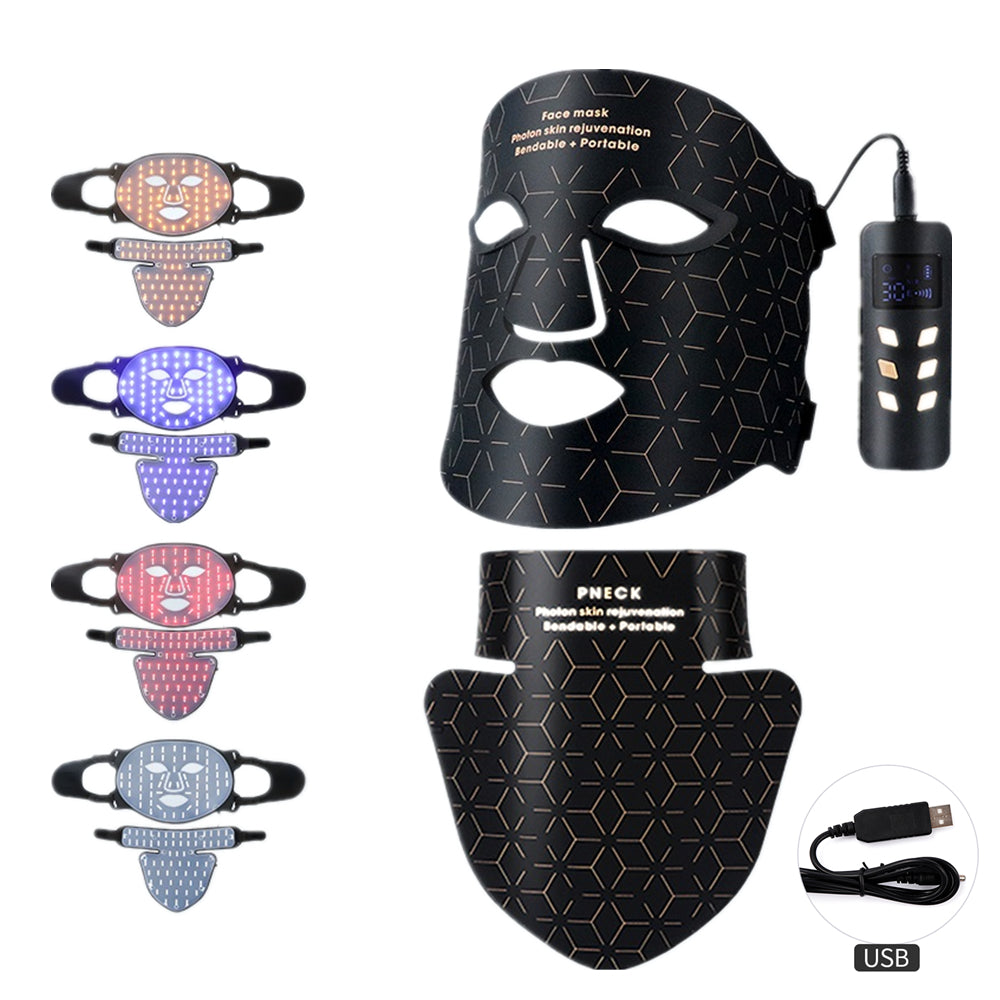Premium Silicone LED Facial Mask with Neck Coverage - 4 Colors Photon Light Therapy, 168 LED Beads, Anti-Aging, Acne 