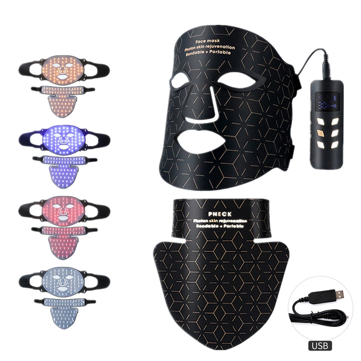Premium Silicone LED Facial Mask with Neck Coverage - 4 Colors Photon Light Therapy, 168 LED Beads, Anti-Aging, Acne 
