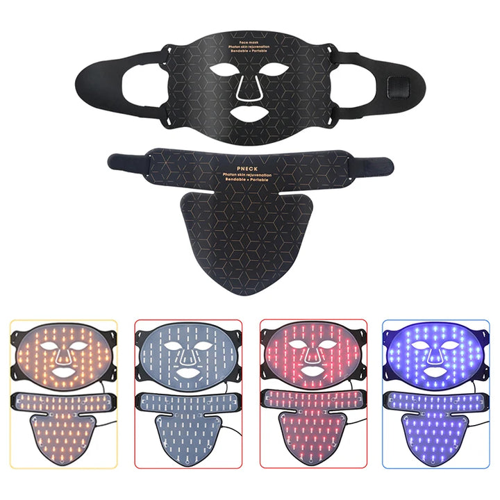 Premium Silicone LED Facial Mask with Neck Coverage - 4 Colors Photon Light Therapy, 168 LED Beads, Anti-Aging, Acne 