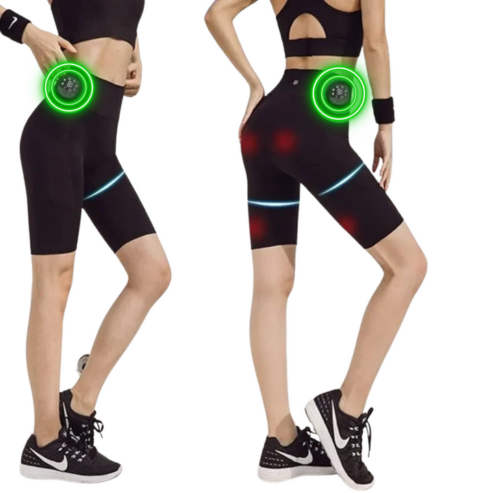 Black athletic shorts with glowing green and red lights on a white background