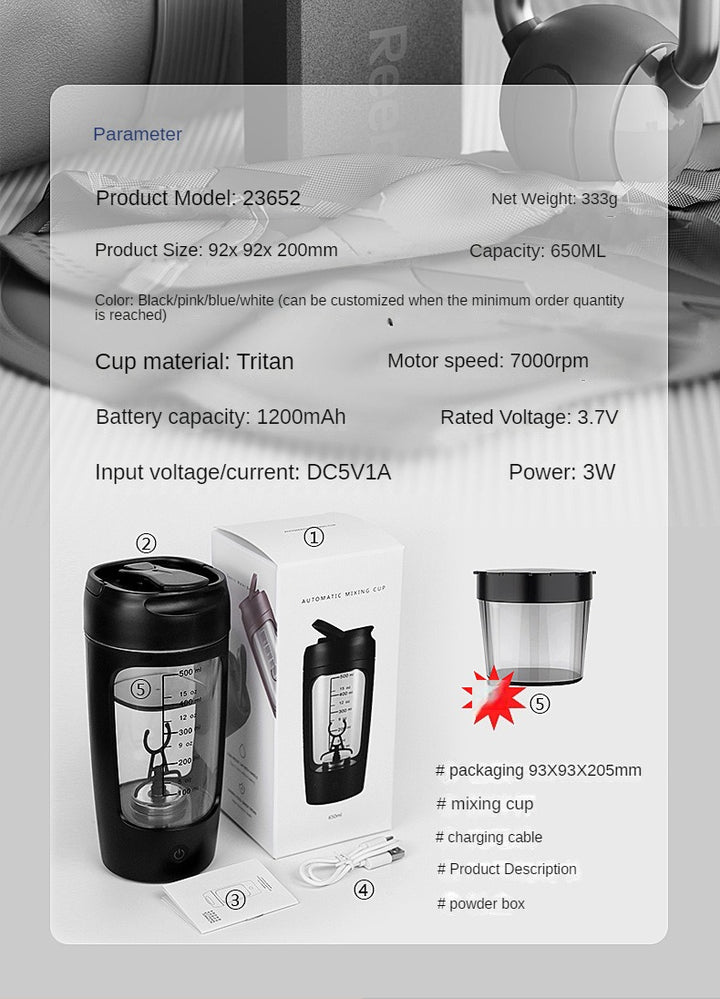 Premium 650ML Electric Protein Shaker Bottle – Automatic Mixing Cup with 7500RPM Motor – USB Rechargeable Blender for Smooth 