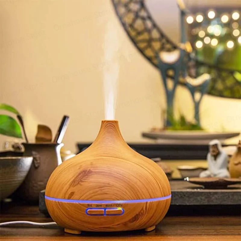 Premium 550ml Wood Grain USB Aroma Diffuser, Essential Oil Humidifier with 7 LED Colors & Remote Control