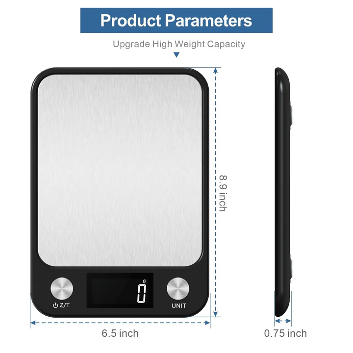 Premium Kitchen Scale 15Kg/1g – Stainless Steel Digital Food and Coffee Weighing Scale, LED Display, Battery-Powered, Multi-