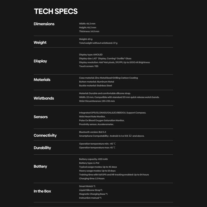 Premium GPS Sports Smartwatch for Men - 1.43” AMOLED, Built-in GPS, 100+ Sports Modes, Health Tracking, 18-Day Battery, Waterproof, Bluetooth Calls - StrengthXPhysiotherapy