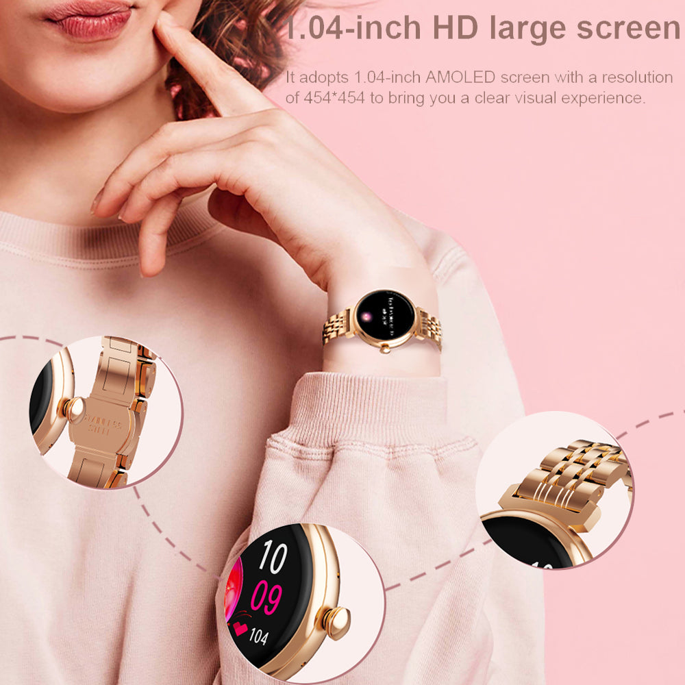 Premium Fashion Smartwatch for Women, 1.04" AMOLED Screen, Bluetooth Call, Metal Body, IP68 Waterproof, Heart Rate, Music 