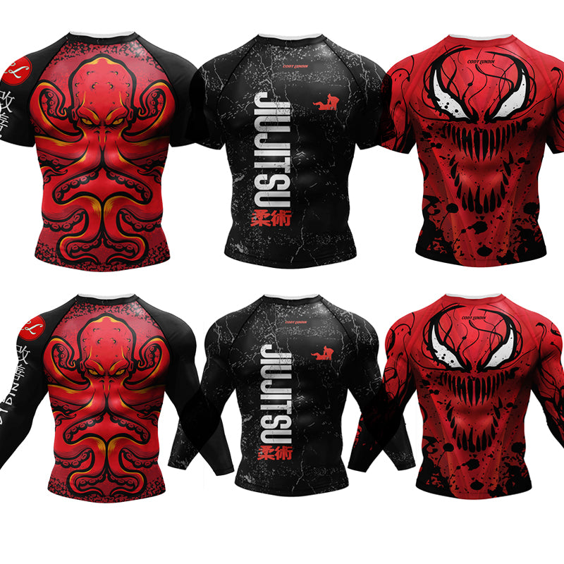 Premium Jiu Jitsu Rash Guard Set – 4-Piece MMA Sportswear Kit for Men, Includes Kimono T-shirt, Pants, Muay Thai Shorts, and 