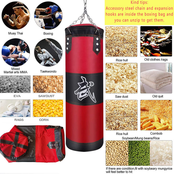 Premium Heavy Punching Sandbag – Durable Boxing Bag with Metal Chain Hook – Kick, Karate, Taekwondo Training – Includes Boxing Gloves, Wrist & Foot Guards, Shock-Absorbing Foam - StrengthXPhysiotherapy
