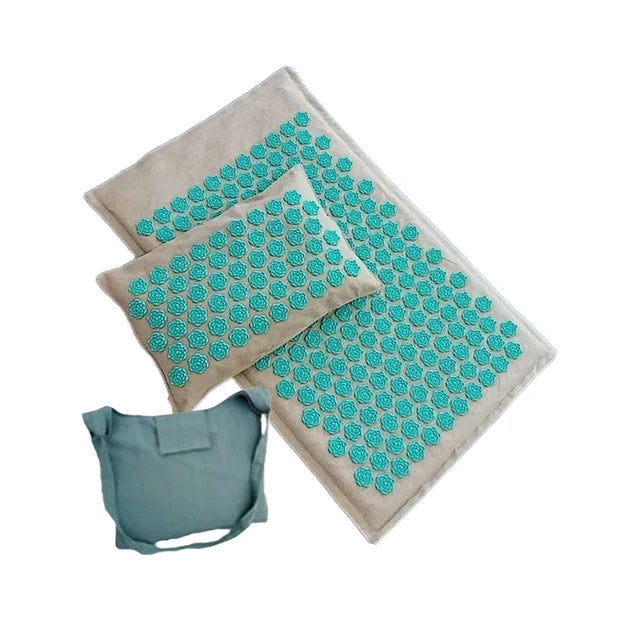 Premium Coconut Palm Acupressure Yoga Mat Set – 74x44cm Nature Linen Cushion & Pillow for Relaxation – Lightweight, Portable, with Canvas Bag – Available in Light Blue, Purple, Green, Dark Purple - StrengthXPhysiotherapy