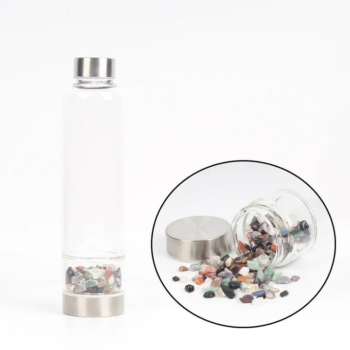 Premium Natural Quartz Crystal Glass Water Bottle – 550ML Healing Infused Elixir Cup with Irregular Stone Point Wand – High 