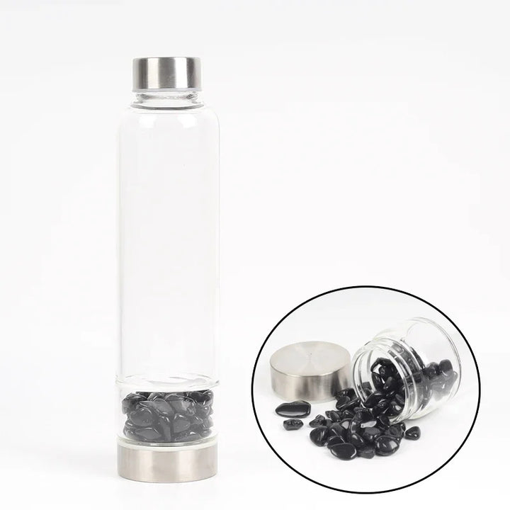 Premium Natural Quartz Crystal Glass Water Bottle – 550ML Healing Infused Elixir Cup with Irregular Stone Point Wand – High 