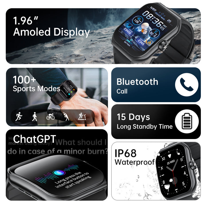 Premium Smartwatch for Men & Women, 1.96" AMOLED, Bluetooth Calling, 100+ Sport Modes, IP68 Waterproof, Health Monitoring,