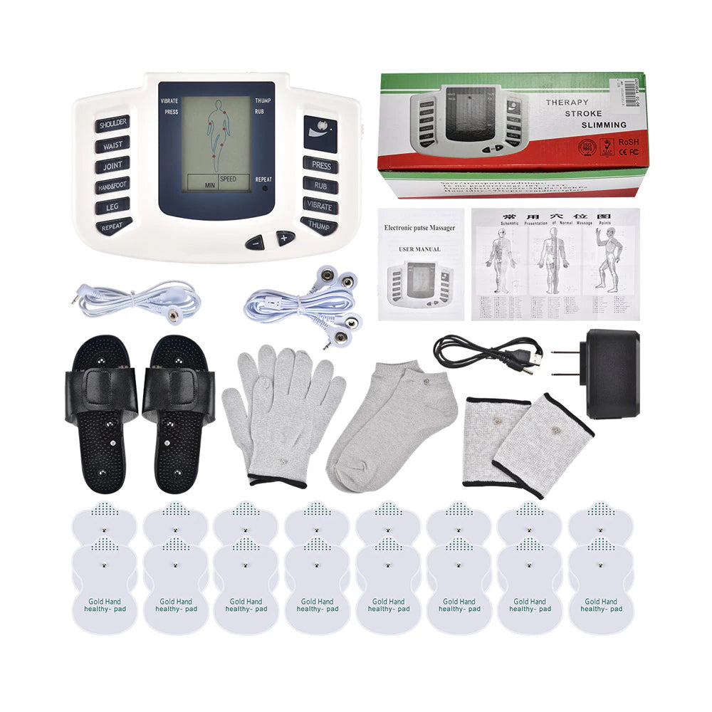 Premium EMS Unit Physiotherapy Massager Set with 16 Therapy Patches, Digital Muscle Stimulator, Relaxation Slippers, Gloves, 